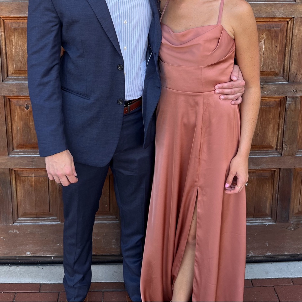 Azazie clove stretch satin dress. Cedar rose, size A2